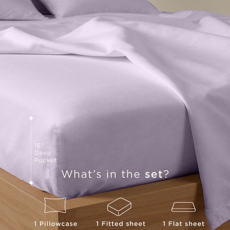 Threadmill Cotton Twin XL Sheet Set | 100% Cotton Sheets for Twin XL Size Bed | Solid Sateen Twin XL Bed Sheets Set with 16â€ Deep Pocket | Soft Breathable 3-Piece Cooling Sheet Set | Lilac - Image 3
